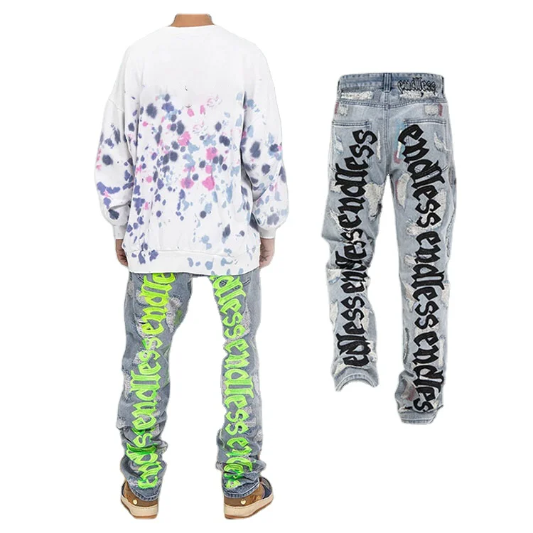 Custom Logo Vintage Men Slim Fit  Ripped Jeans Branded Denim Fluorescent Pants