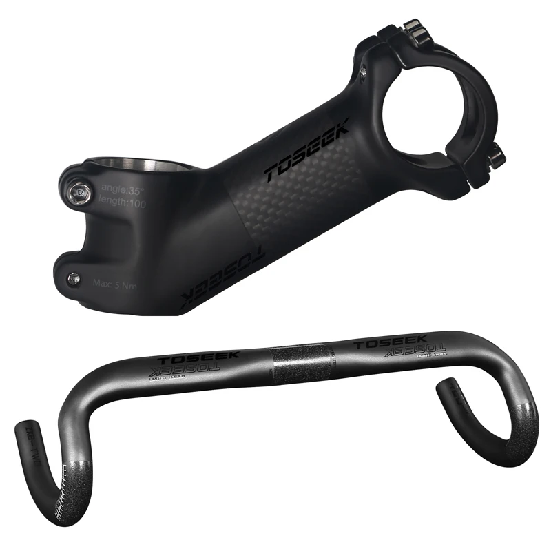 Toseek 380/400/420/440MM bicycle handle bar stem 10/17Degree 31.8 black matte carbon handlebars road bike with short stem