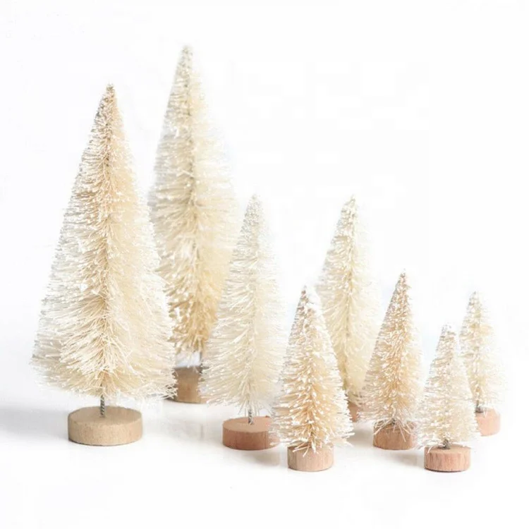 Handmade Winter Snow Ornaments Green Ivory Gold Mini Bottle Brush Christmas Tree Set
