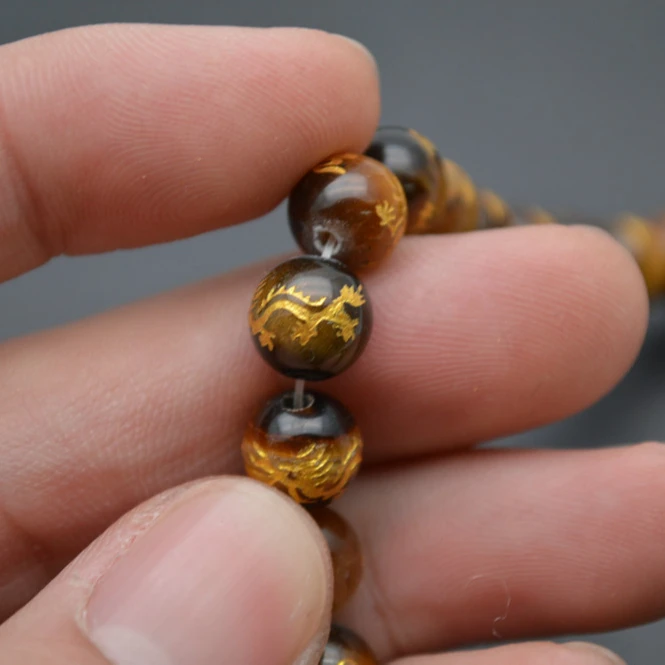 Carved Chinese Dragon Natural Yellow Tiger Eye Stone Round Loose Beads Buddhist Jewelry making supplies