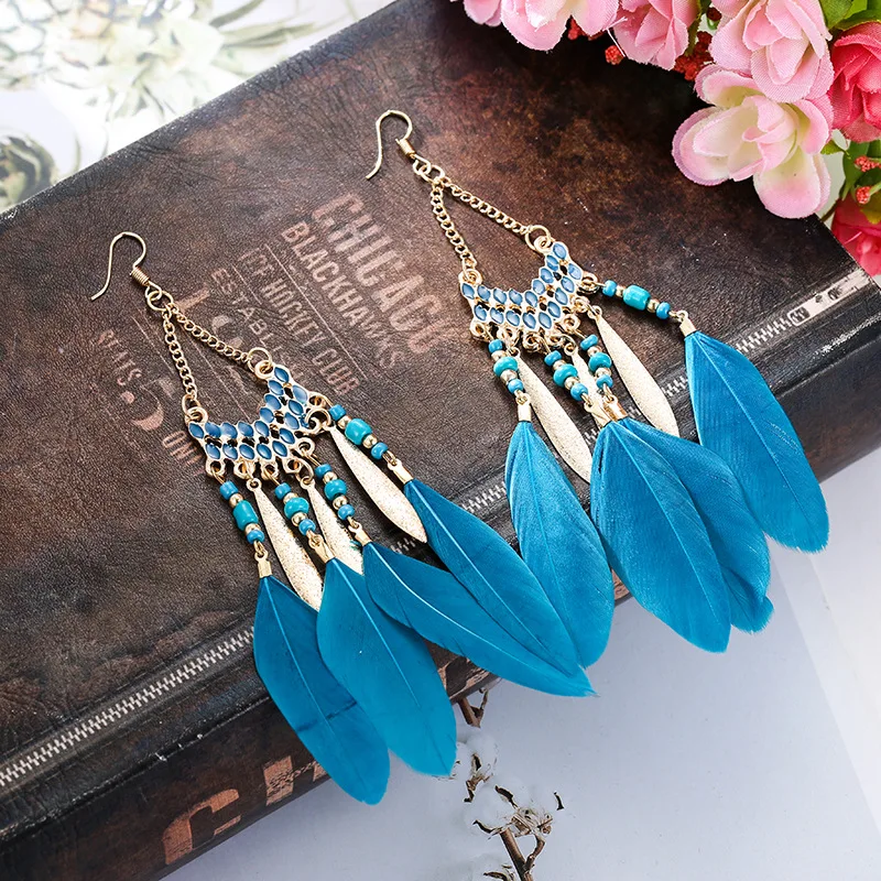 Bohemian Long Colorful Fan-shaped Fringed Feather Seed Beaded Earrings for Female