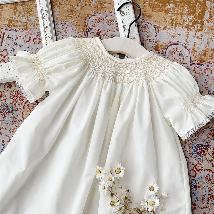 Custom Summer Short Puff Sleeves Embroidered Kids Boutique Smocking Clothes Baby Girls Smocked Dress