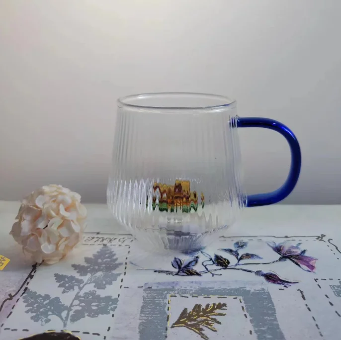 Wholesale Striped Glass Mug With 3D Flower Inside Hand Blown Food Grade Glass Cup With Handle Coffee Cup