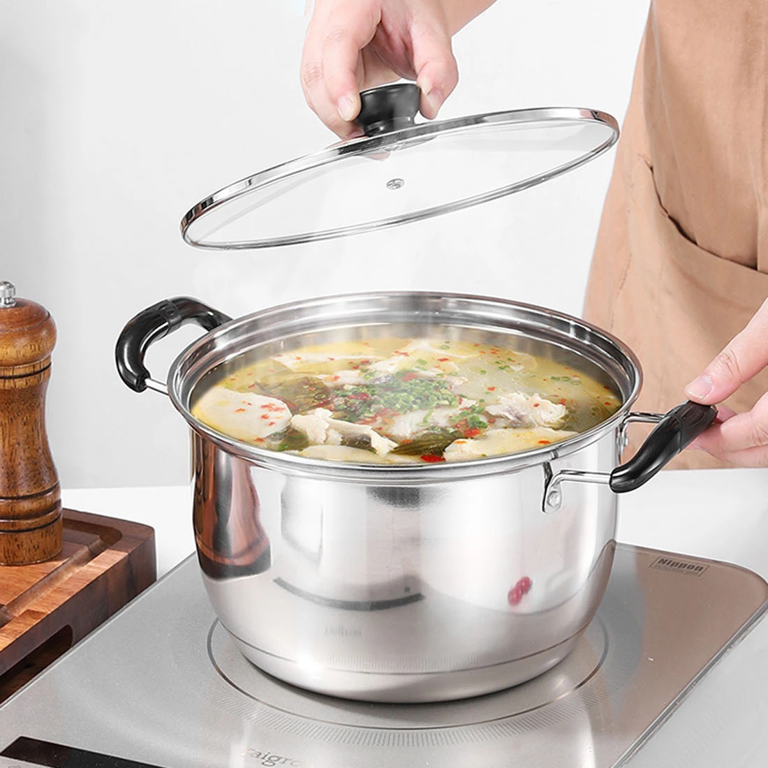 Multi-function Kitchen induction bottom Stainless Steel Cookware Cooking Soup Stock Pots Set