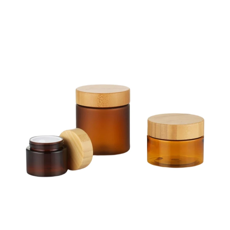 50ml 150ml 250ml 500ml Natural Made Bamboo Lid Clear Frost Amber Color PET Cream Body Scrub Butter Jar Packaging Wholesale