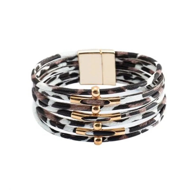 2020 fashion bracelets bangles multilayer wrap leopard leather bracelet for women gold plated copper beads magnetic clasp m