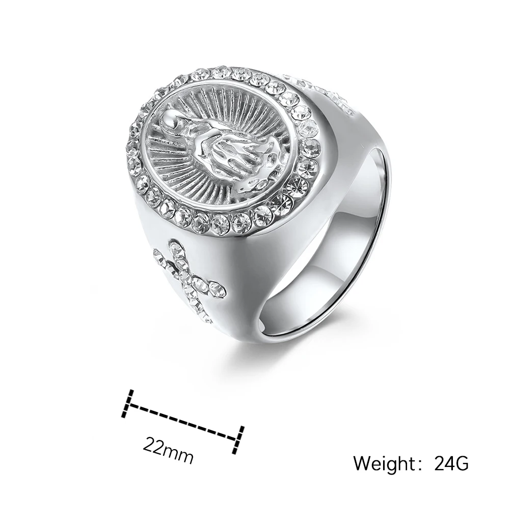 new 22mm Stainless Steel Ring Silver18 K Gold Virgin Mary Cross with Diamond Stainless Steel Ring Jewelry finger rings
