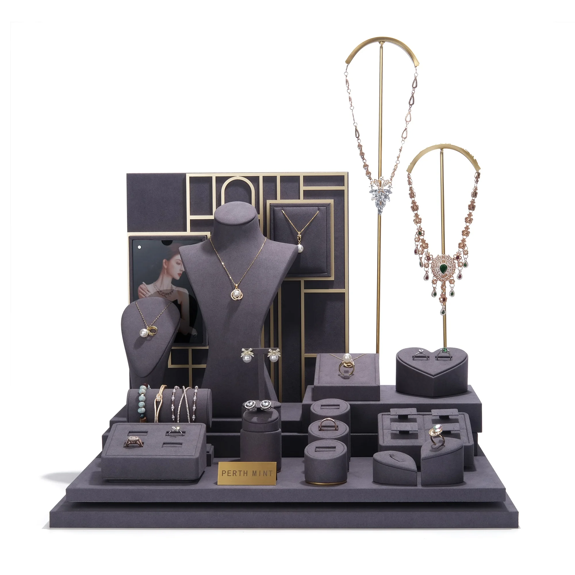 Custom PU leather Jewelry Display Set Store Cabinet Luxury Metal Jewelry Display Stand For Jewelry