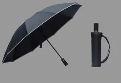 auto open and close 3 fold  black coated anti-UV Super resist water Reflective strip reverse umbrella with rubber handle