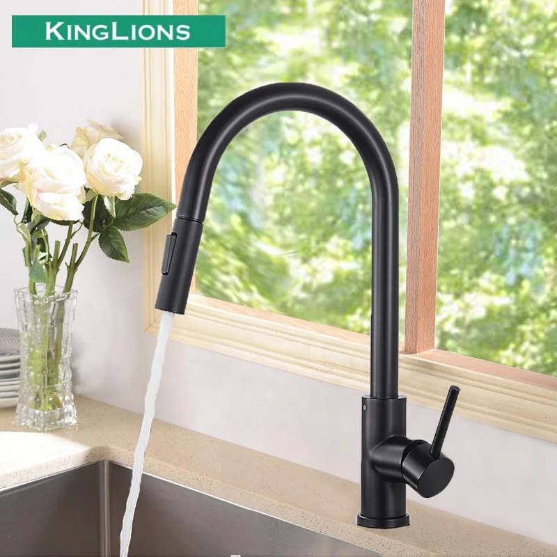 Kinglions Black Kitchen Faucet Two Function Stainless Steel Single Handle Pull Out Mixer Hot and Cold Water Taps