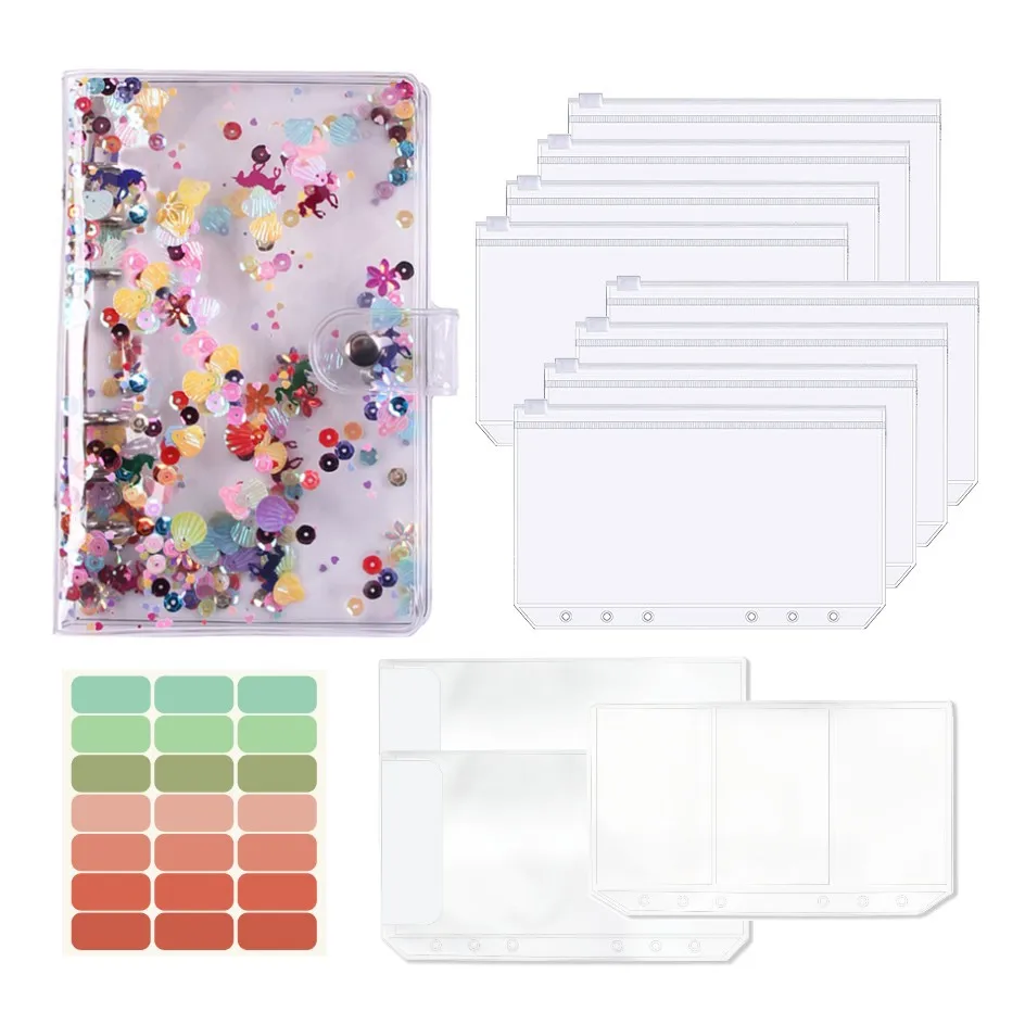 Shiny Sequins Quicksand Binder Cover, Clear PVC Folder with 8 Zippered Pockets, 2 Cards Belt, 21 Sticky Labels for Personal