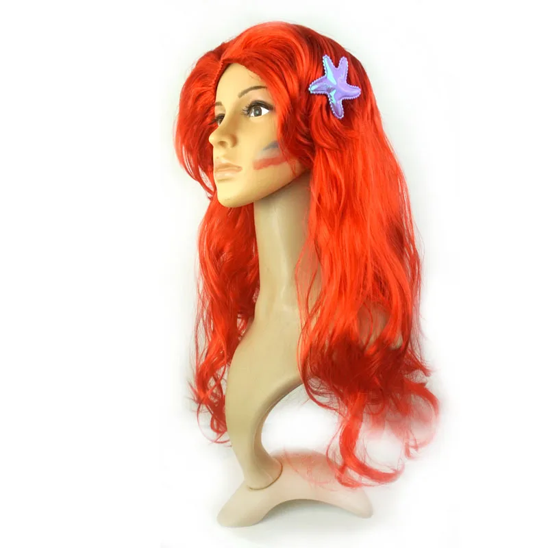 Kids Mermaid Wig With Starfish Hair Clips Girls Red Mermaid Wig Curly Wave Wig For Halloween Costume