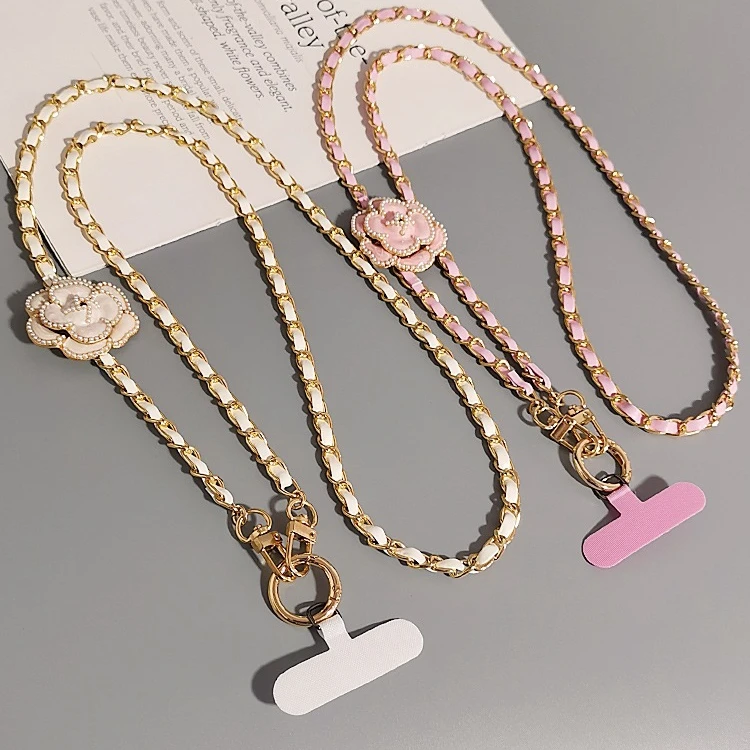 Camellia leather chain Phone Strap With Flower Clip And Go Strap For Phone Crossbody Phone Lanyard Crossbody