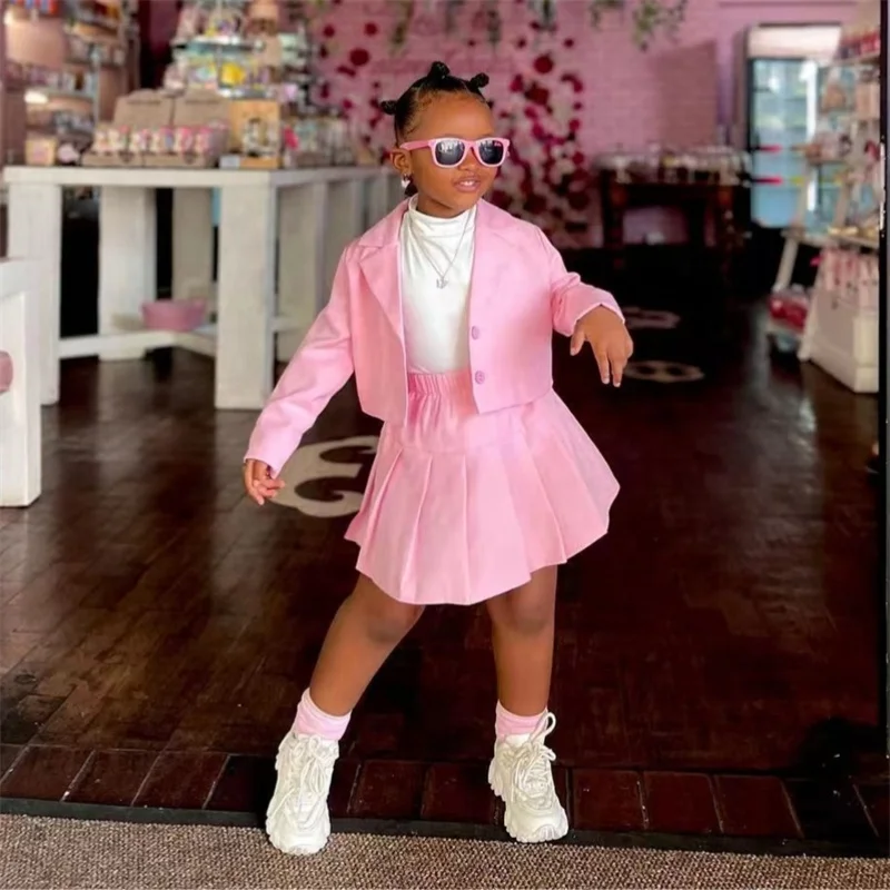 Ms-212 Children Boutique Clothing Kids Skirt And Top Set Lapel Jackets Top + Mini Pleated Skirt  Girls Two Piece Summer Out