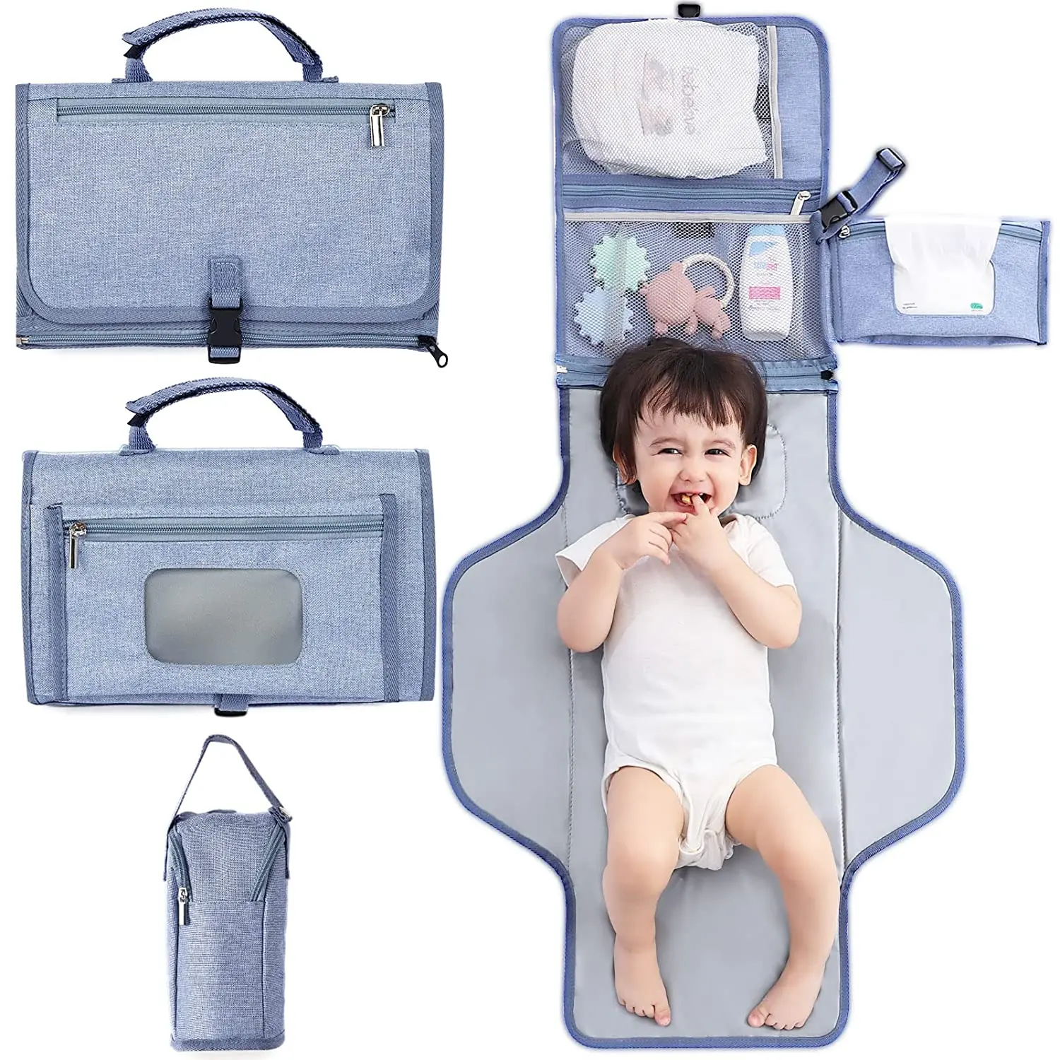 Portable Diaper Changing Pad Detachable Travel Changing Pad with Baby Bottle Cooler Bag Baby Changing Pad with Reversible Wipes