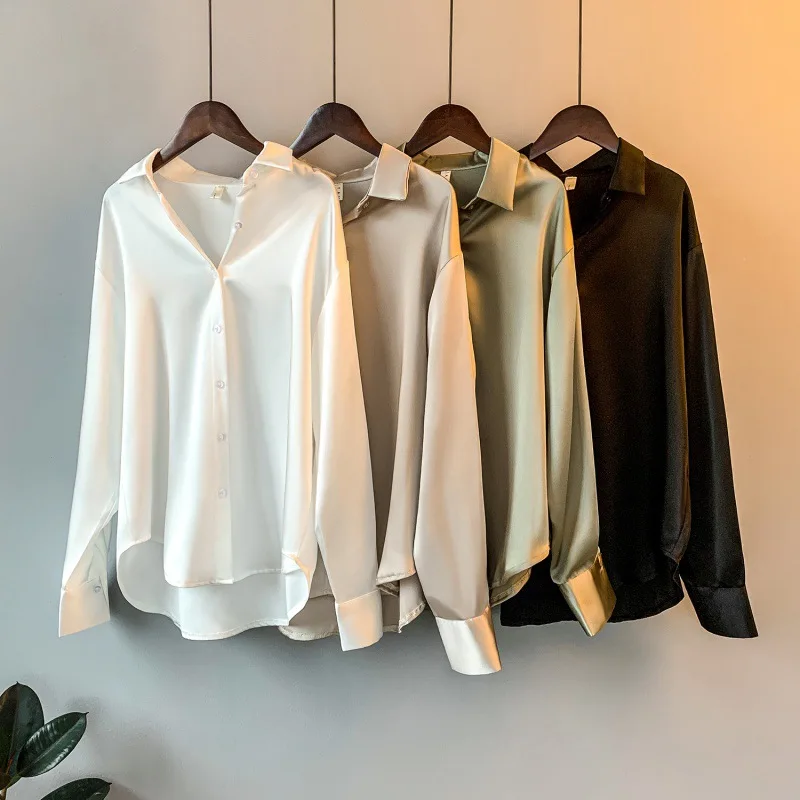 Autumn Fashion Button Up Satin Silk Shirt Vintage Blouse Women White Lady Long Sleeves Female Loose Street Shirts