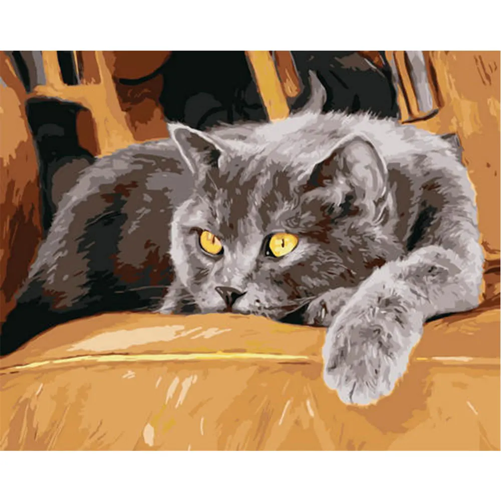 Wholesale Canvas Paint Diy Handmade Golden Pupil Grey Cat Digital Oil Painting By Numbers Sets Adults Kids Modern Decoration