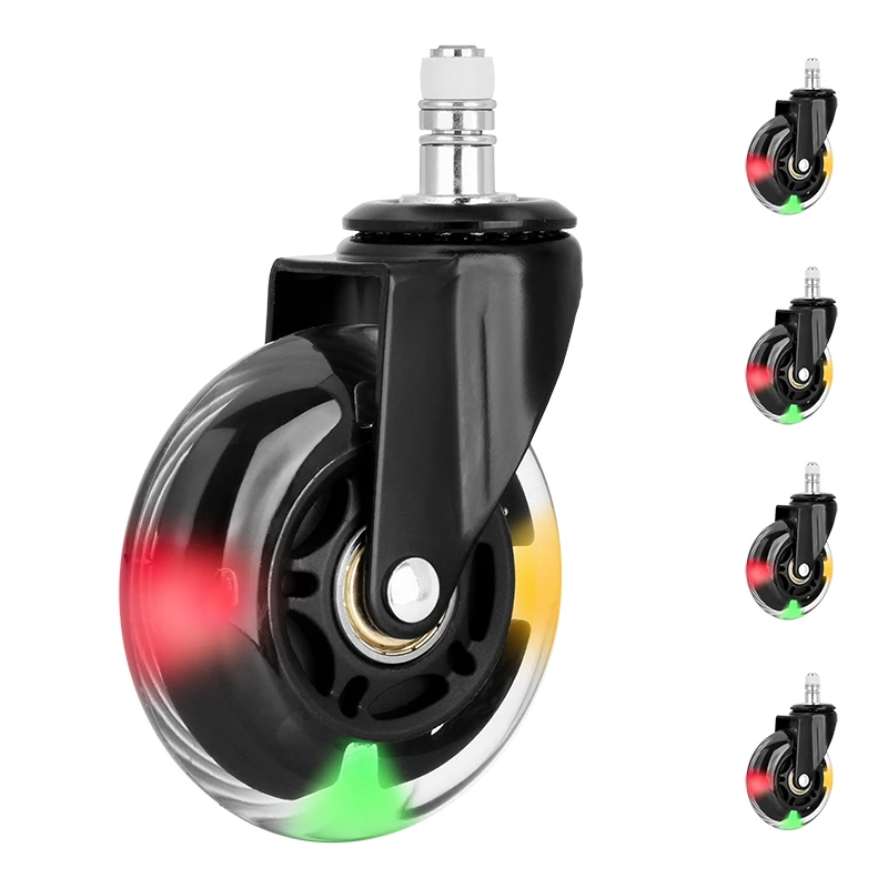 Universal 3 Inch Swivel Wheels Office Chair Caster Wheels PU Office Chair Furniture LED Caster with Brake Silent Lever