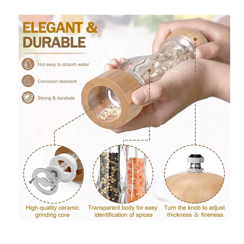 Amazon hot sale 6.5 inch salt&pepper mill grinder acrylic 6.5 inch manual pepper grinder  hand pepper grinder
