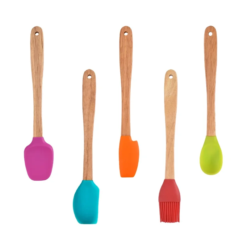 Custom New 5PCS Silicone Mini Baking Spatula Set For Kids Kitchen Cooking Tools Bamboo Handle