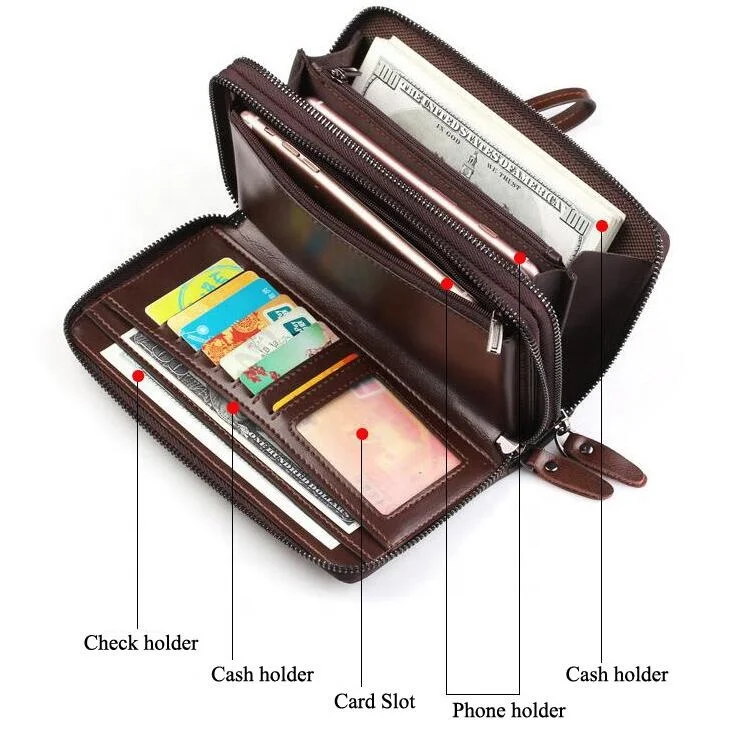 Multifunctional luxury soft PU leather double zipper new brands wrist travel clutch long phone wallet men