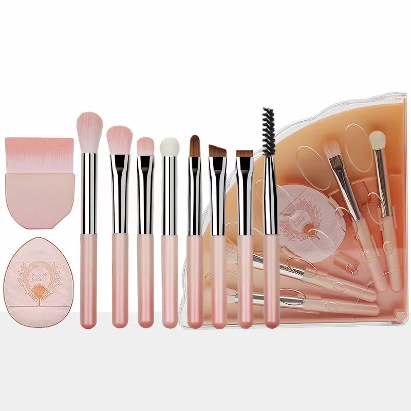 New portable makeup brush Peacock 10 in 1 set mini storage folding travel eye shadow halo dye concealer makeup brush