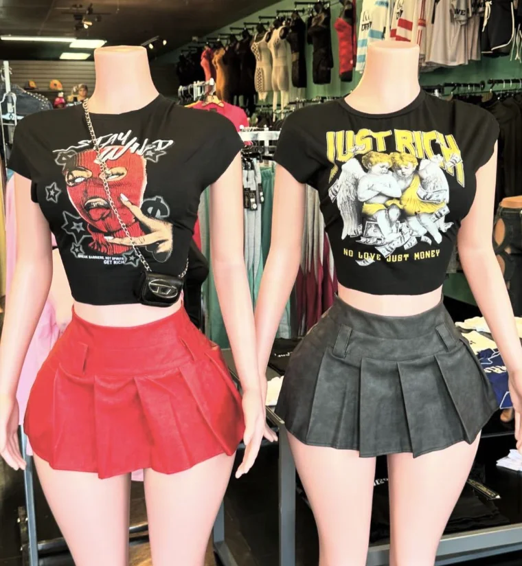 Peeqi Cotton graphic print crop tops and pu leather mini pleated skirt casual streetwear plus size Sexy 2 piece women set outfit