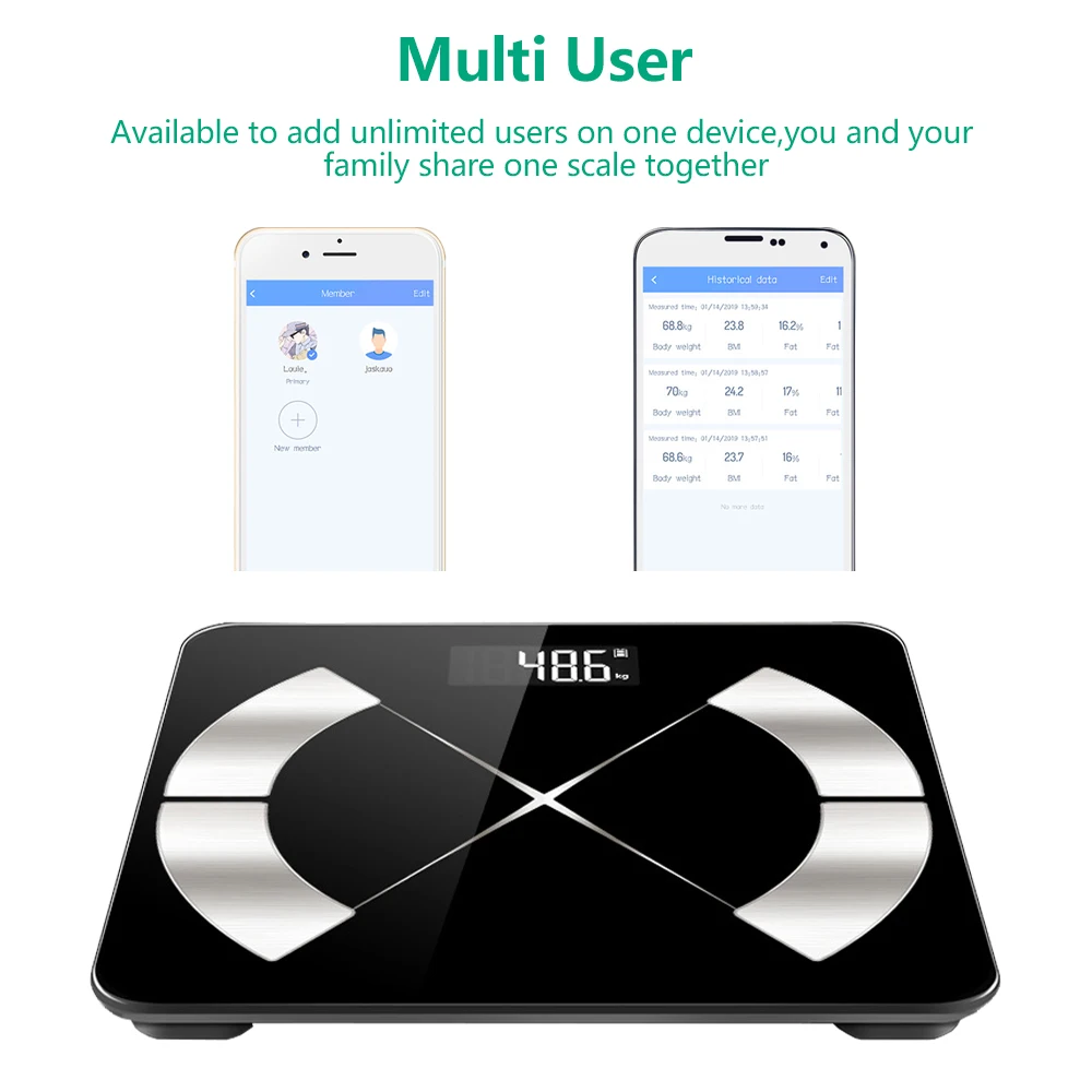  B60-0021 BMI жира масштаба измерения Smart бытовые электронные весы тела металла Выпускной короб стакан для ванной