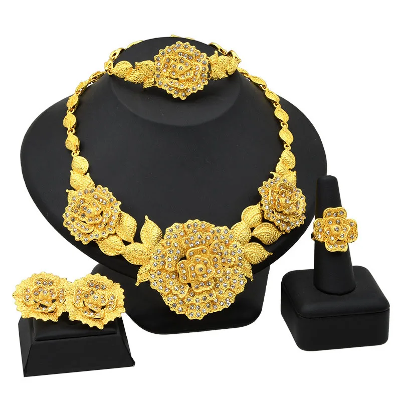 In Stock Small MOQ Wholesale 24K Gold Plated Dubai Jewelry Set Wedding Bridal Flower Jewelry 2022