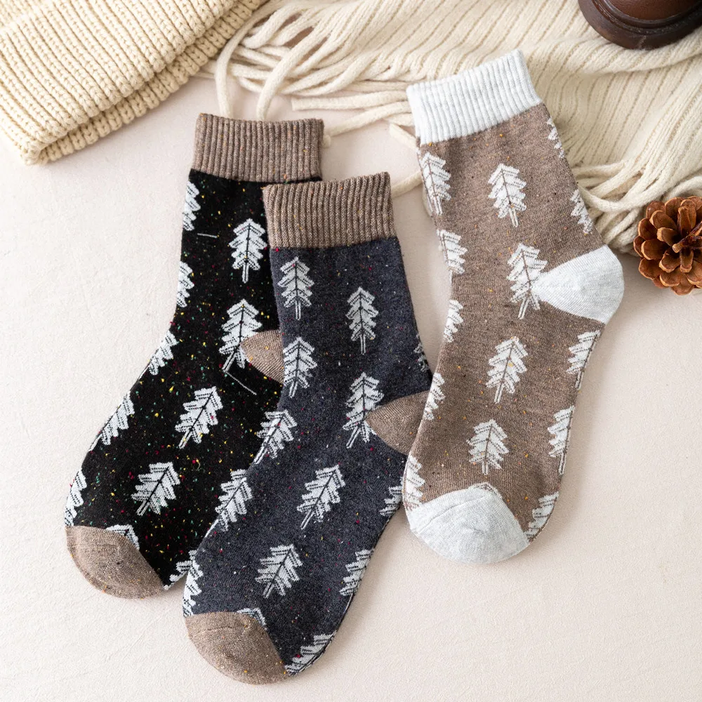 Custom Fuzzy Winter Warm Comfortable Tree Jacquard Wool Crew Socks For Girl Women Ladies
