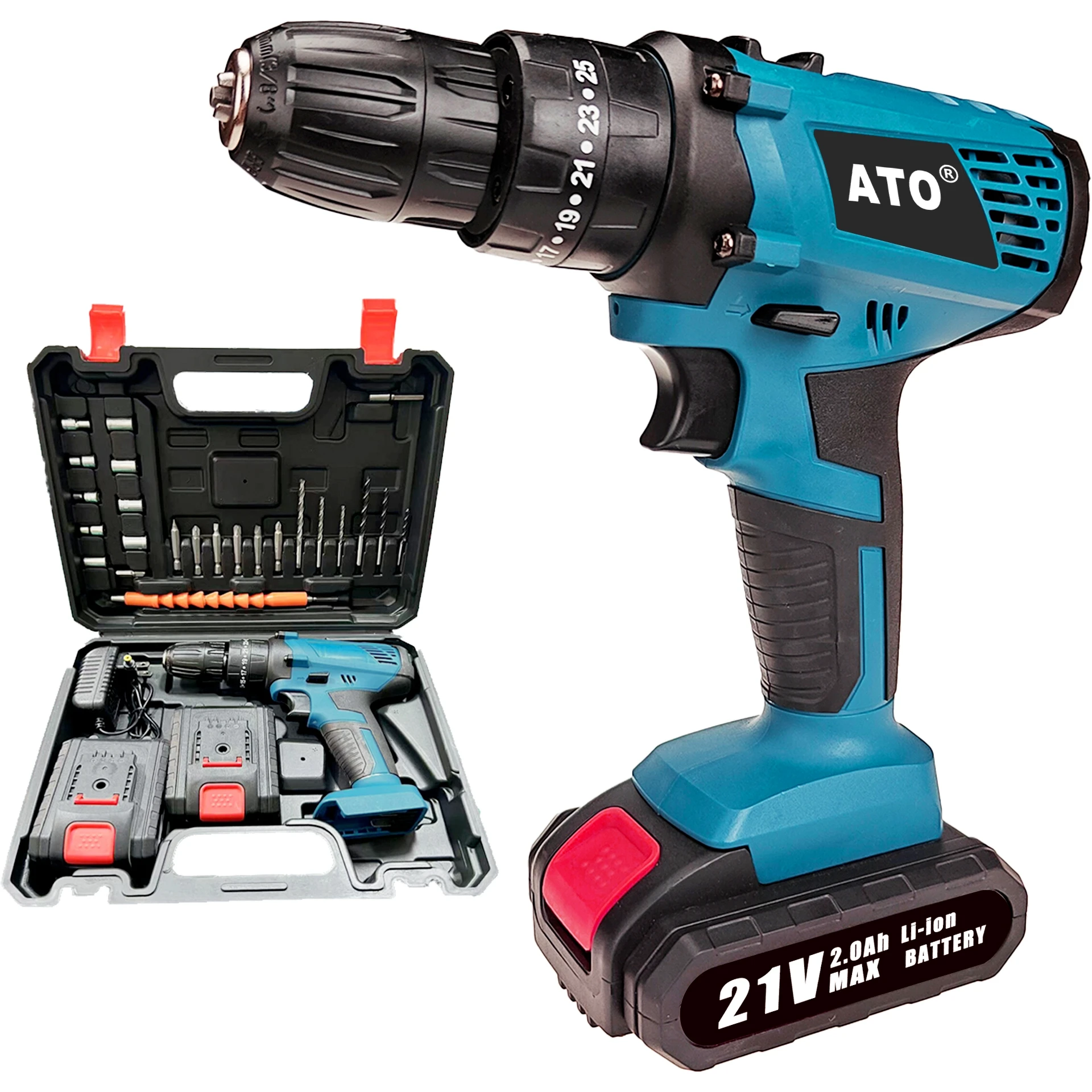 ATO 21 Volt Wireless Screwdriver Drill Lithium Driver Machine Batteries Cordless Drill Set 21V Cordless Impact Drill