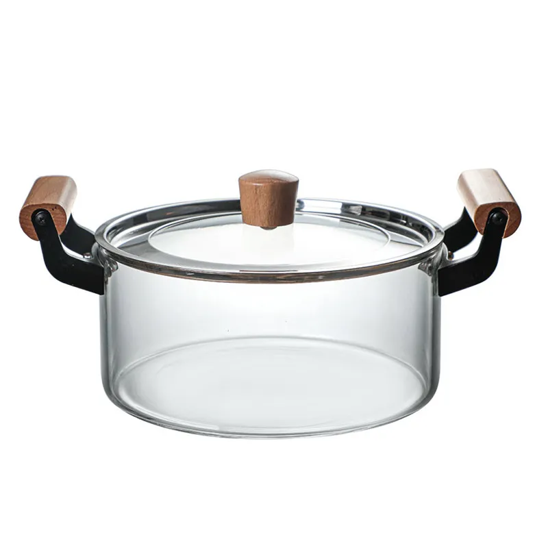 Жаростойкая кастрюля shabu из открытого огня стеклянная для супа боросиликатного стекла с деревянной ручкой оптовая