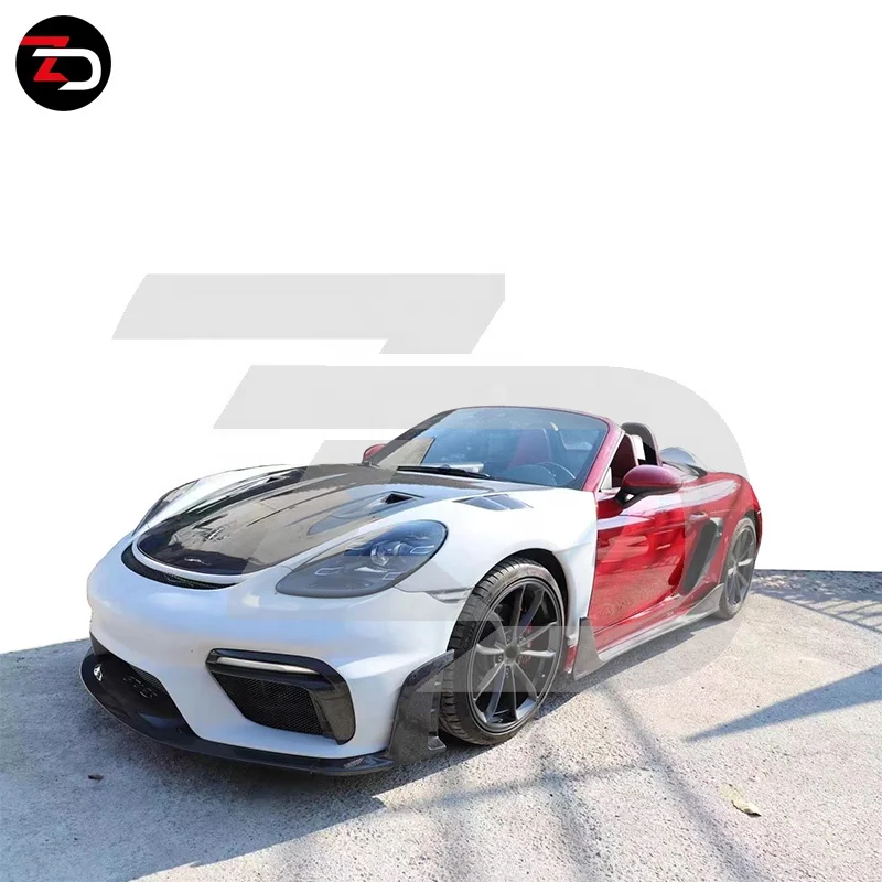 Good Fitment GT4 RS Style Front Bumper Rear Diffuser Exhaust Side Skirt Rear Engine Cover Front Trunk Hood Scoop For 718 Boxster