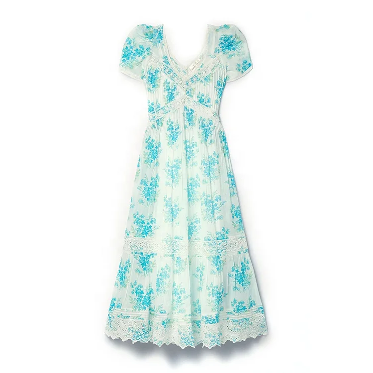 Elegant V-neck tiered silhouette floral bouquets vintage lace-trimmed floral-print cotton midi women dress