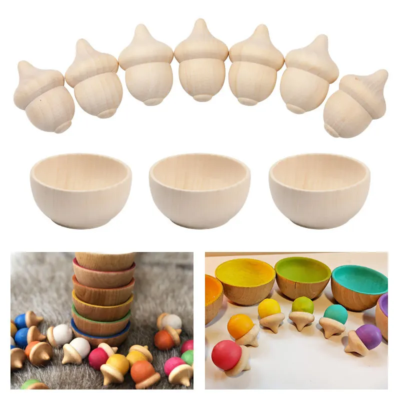 Manufacturer customization baby Original wood color wooden bowl acorn nut accessories toy set