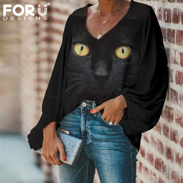 
Plus Size Shirts 3D Evil Black Cat Eyes Casual Loose Shirt Tops V Neck Blouse Chiffon Outerwear Woman Clothes 