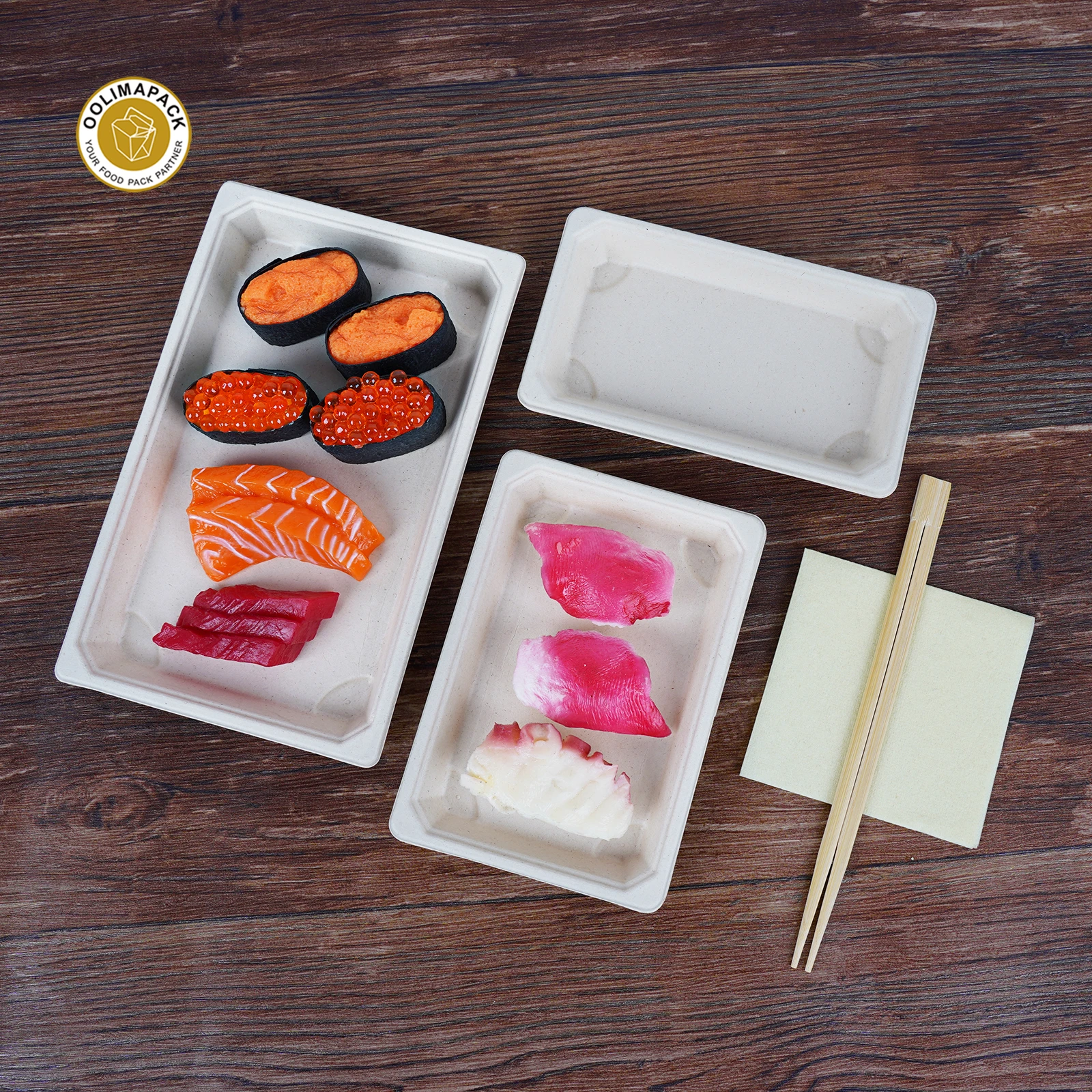 OOLIMA Disposable Bagasse Sugarcane Sushi Plate Food Container Kraft Sushi Rice Box Packaging