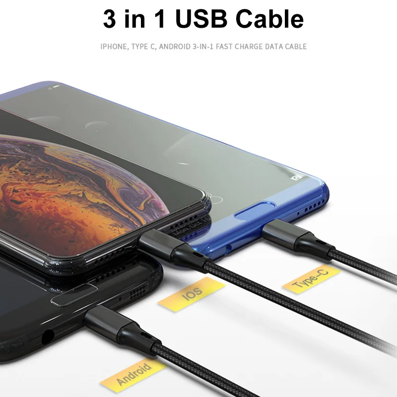 Dropshipping 3 in 1 Nylon Braided Multi USB Cable Multiple Charger Fast Charging Cord Compatible with Most Smart Phones & Pads
