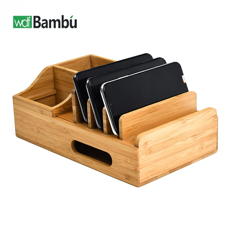 WDF Wholesale dock station bamboo wood charger stand holder base storage box tablet computer stand bamboo charging station