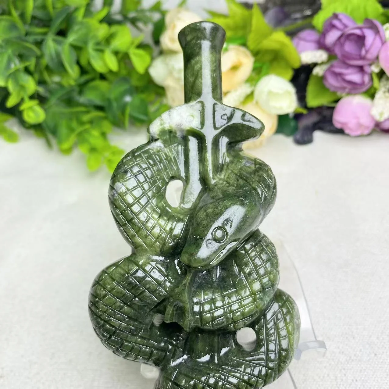 Hand Carved Natural Green Jade Snake & Sword Crafts Reiki Energy Feng Shui Home Decor Unique Crystal Gift