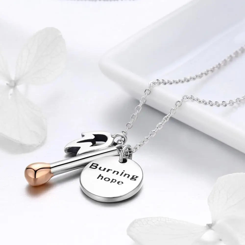BAGREER SCN269 Personalized Silver Letter Burning hope match shaped Initial round pendant necklace alphabet graduation gift