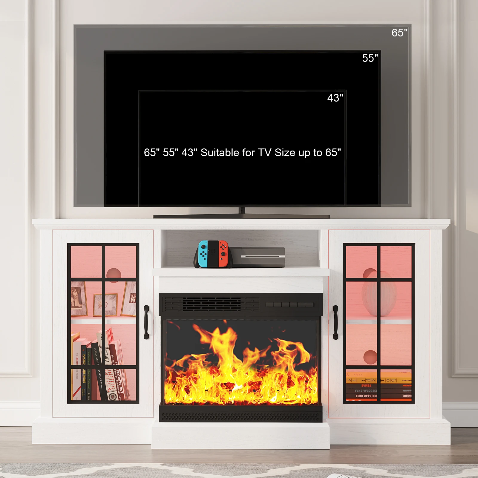 Electric tv stand unit modular tv cabinet with electric fireplace living room 2024 tv stands with led lighting for living room