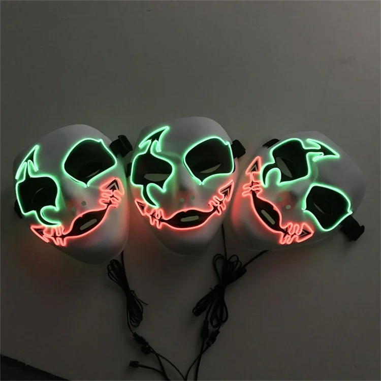 Halloween Neon Led Luminous White Ghost Fish Mouth Horror Face Mask Cosplay Costume EL DJ Party Masks Carnival Props
