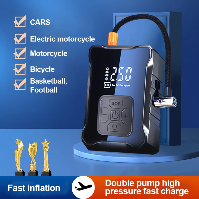 Full Screen Display Tire Inflator Newest Rechargeable Air Compressor 12V Cable USB Charging Line Auto Stop Mini