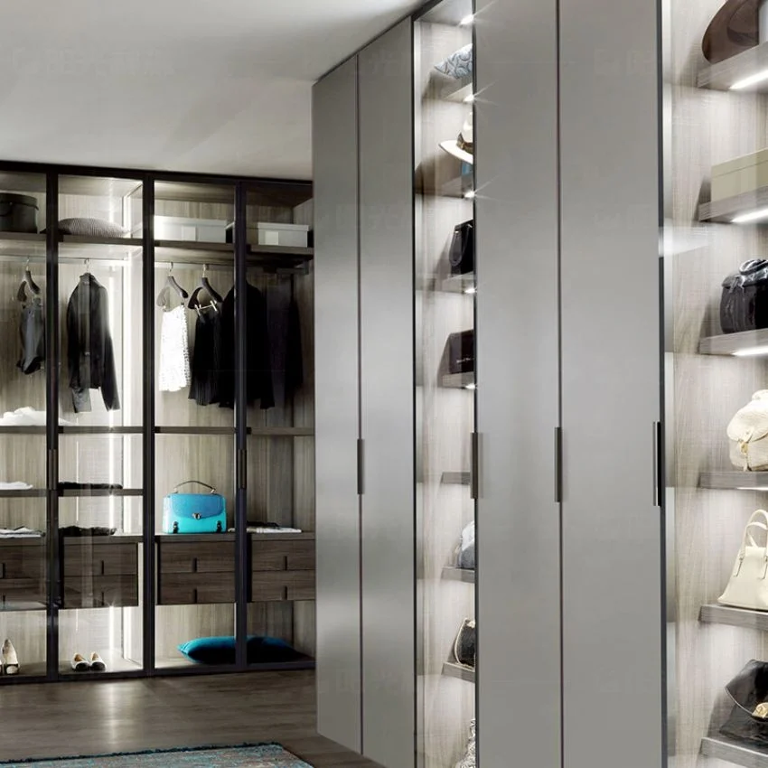 Customized Modern Tempered Glass Sliding Door Bedroom Closet Wardrobes with LED Lights