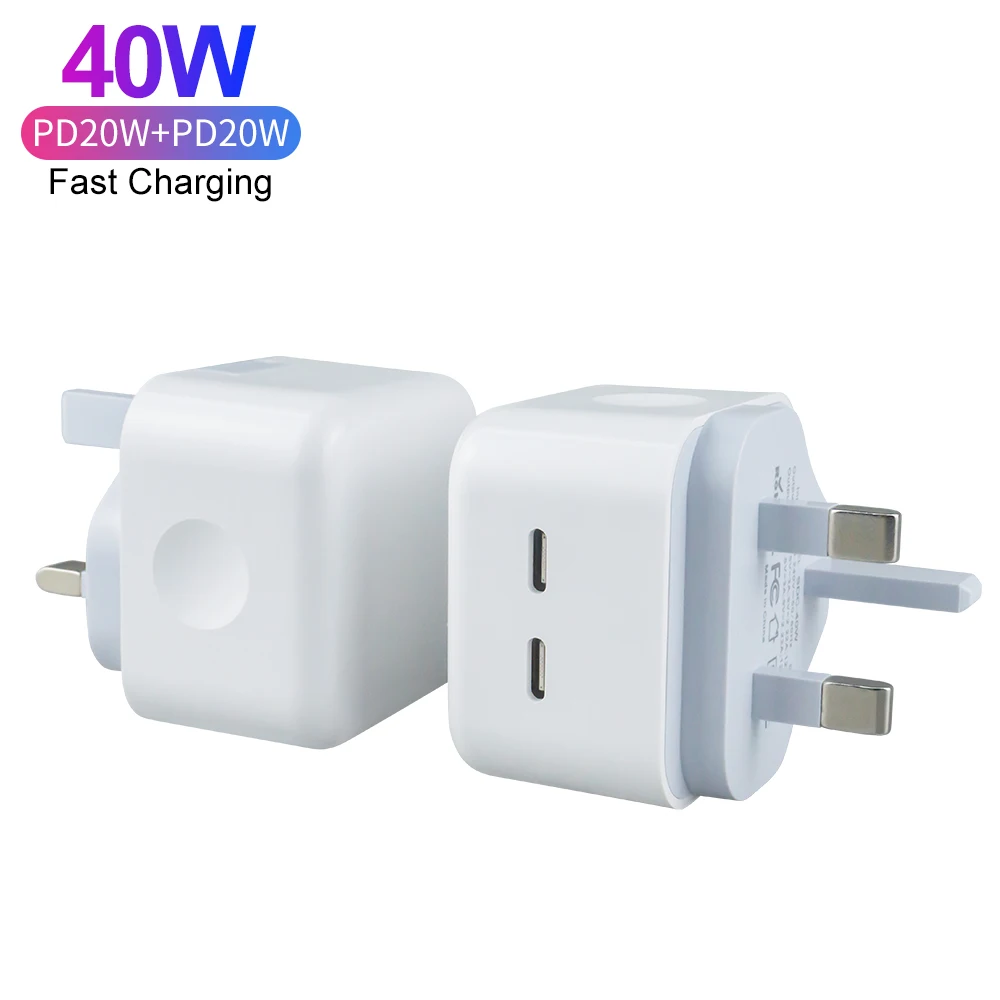 UK Plug Trend Products In 2022 PD 40W Fast Charging Double 20W Type C Port Travel Charger For iPhone 13 14 Pro Max