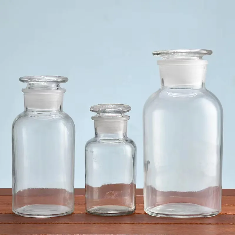 Empty 125ml 250ml 500ml clear laboratory glass bottle jar chemical with stopper