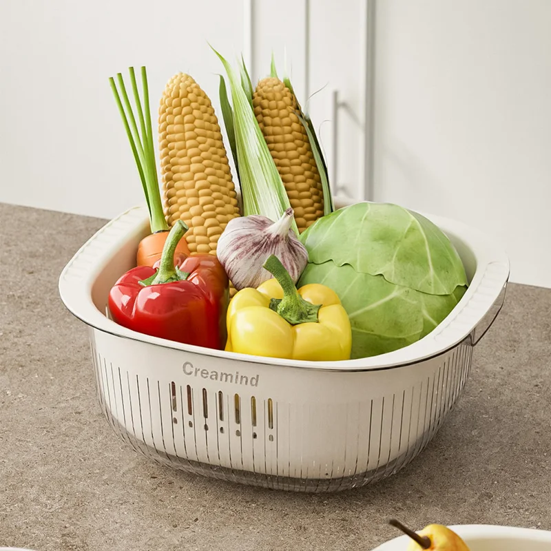 Large Square Double Wash Drain Fruit and Vegetable Basket with drain board for Kitchen
