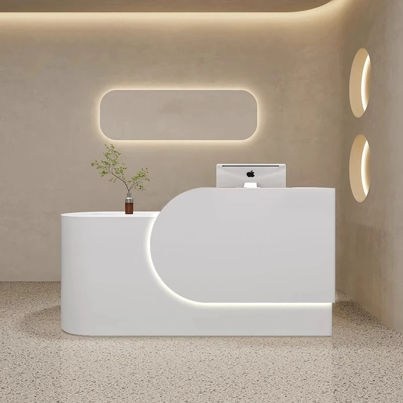 Small size beauty shop furniture salon reception desk counter luxury white wood cashier office front desk with led lights