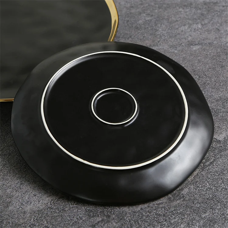 Wholesale custom modern european style matte black luxury dinner set ceramic dinnerware with gold rim